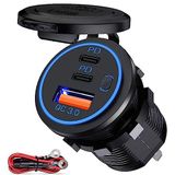 GOBGOD 3 Bağlantı Noktalı USB C Araç Şarj Soketi USB 12 V/24 V Çıkış, Çift 20 W PD Tip C ve 18 W QC 3.0 Düğme Anahtarlı Araba Tekne Deniz Otobüs Kamyon Golf RV Motosiklet için