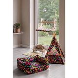 Gobypet 4’lü Pati Desen Kedi ve Küçük-Orta Irk Köpekler İçin Konfor Seti, Çadır, Minder, Mama Kabı, Vantuzlu Cam Yatağı