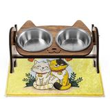 GOBYPET Ahşap Kedi Mama ve Su Kabı ile Kedi Köpek Paspası - Demonte Kedi Mama Su Kabı, Çift Hazneli Seramik Mama ve Su Kabı - Ayarlanabilir Mama Kabı (Gri Metal)
