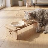 GOBYPET Ahşap Standlı Çift Kaseli Pet Mama Kabı, Seramik Kase, Kedi ve Küçük/Orta Boy Köpek Uyumlu (Paspas Hediyeli) (Beyaz)