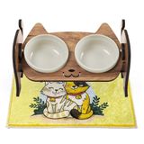 gobypet always the best Ahşap Kedi Mama ve Su Kabı ile Kedi Köpek Paspası - Demonte Kedi Mama Su Kabı, Çift Hazneli Seramik Mama ve Su Kabı - Ayarlanabilir Mama Kabı (Beyaz Seramik)