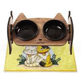gobypet always the best Ahşap Kedi Mama ve Su Kabı ile Kedi Köpek Paspası - Demonte Kedi Mama Su Kabı, Çift Hazneli Seramik Mama ve Su Kabı - Ayarlanabilir Mama Kabı (Siyah Seramik)
