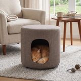 GOBYPET Kedi Evi ve Dekoratif Puf 2'si 1 Arada, Şönil Kumaş Kapalı Kedi Yuvası ve Kedi Yatağı, Ayak Uzatma ve Oturma Pufu, 44 x 45 cm (kahverengi)