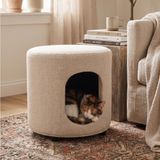 GOBYPET Kedi Evi ve Dekoratif Puf 2'si 1 Arada, Şönil Kumaş Kapalı Kedi Yuvası ve Kedi Yatağı, Ayak Uzatma ve Oturma Pufu, 44 x 45 cm (krem)