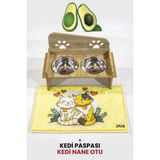 GOBYPET Pati Mama Kabı İkili Ahşap Malzeme ile Kolay Temizlenir 2 Adet 12cm Çelik Tas ve Paspas