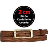GoDeri %100 Hakiki Deri, Gold Renk Tokalı 2 cm Kahve Örgü Desenli Kadın Kemeri; Elbise, Pantolon Kemeri Dk. - 115 cm