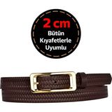 GoDeri %100 Hakiki Deri, Gold Renk Tokalı 2 cm Koyu Kahve Örgü Desenli Kadın Kemeri; Elbise, Pantolon Kemer - 115 cm