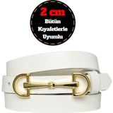GoDeri Deri, Gold Renk Tokalı Ince 2 cm Süt Beyaz Kadın Kemeri; Elbise, Pantolon Kemerid&d - 115 cm - 1BW-Beyaz