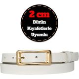 GoDeri Deri, Gold Renk Tokalı Ince 2 cm Süt Beyaz Kadın Kemeri; Elbise, Pantolon Kemeri_dikd - 110 cm - 1BW-Beyaz