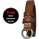 GoDeri Deri, Gümüş Tokalı Ince 2 cm Açık Kahverengi Kadın Kemeri; Elbise, Pantolon Kemeri_kilt - 105 cm