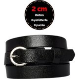 GoDeri Deri, Gümüş Tokalı Ince 2 cm Siyah Kadın Kemeri; Elbise Kemeri, Pantolon Kemeri_kilit - 110 cm