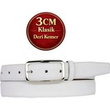 GoDeri Hakiki Deri, 3 cm Gümüş Renk Tokalı, Beyaz, Dikişli Klasik Kadın Kemeri, 3CMKLA50 - 000Beyaz - 125 cm