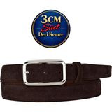 GoDeri Hakiki Deri, 3 cm Gümüş Renk Tokalı, Koyu Kahverengi Süet, Dikişli Klasik Kadın Kemeri, 3CMKLA50 - 130 cm - Süet Kahverengi