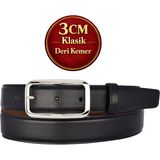 GoDeri Hakiki Deri, 3 cm Gümüş Renk Tokalı, Siyah, Dikişli Klasik Kadın Kemeri, 3CMKLA50 - 90 cm - 000-Siyah
