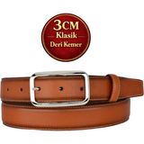 GoDeri Hakiki Deri, 3 cm Gümüş Renk Tokalı, Taba, Dikişli Klasik Kadın Kemeri, 3CMKLA50 - 110 cm