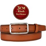 GoDeri Hakiki Deri, 3 cm Gümüş Renk Tokalı, Taba, Dikişli Klasik Kadın Kemeri, 3CMKLA50 - 130 cm