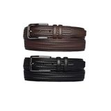 Goderi%100 Hakiki Deri, 2'Li Set Siyah, Koyu Kahve Dikişli Örgü Baskılı Kumaş Pant. Kemeri 3.5 Cm_Örgü.Bas 105 CM