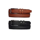 Goderi%100 Hakiki Deri, 2'Li Set Siyah, Tosado Dikişli Örgü Baskılı Kumaş Pant. Kemeri 3.5 Cm_Örgü.Bas 110 CM