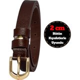 Goderi%100 Hakiki Deri, Renk Tokalı Ince 2 Cm Koyu Kahverengi Kadın Kemeri; Elbise, Pantolon Kemeri_Düz 125 CM