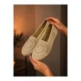 Godystep Flora Krem Mandala Çiçek Nakışlı Örgü Hasır Tabanlı Bağcıksız Kadın Loafer