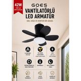 Goes 42W Tavan Vantilatörü LED Avize Armatür 64CM 6 Kademeli Kumandalı Tersine Dönüş Gece Lambası Modlu - Siyah