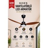 Goes Büyük Boy Tavan Vantilatörü LED Avize 132CM 65 Watt 6 Kademeli Kumandalı ve Telefon Uygulaması Kontrollü Gva-64 - Siyah - Kiraz