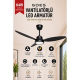 Goes Büyük Boy Tavan Vantilatörü LED Avize 132CM 65 Watt 6 Kademeli Kumandalı ve Telefon Uygulaması Kontrollü Gva-64 - Siyah