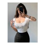 Gofeel Beyaz Kurdele Detaylı Kare Yaka Kısa Kol Crop Bluz