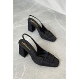 GOFFSHOES Kadın Jine Köşe Burun Kare Toka Topuklu Ayakkabı - Siyah Süet