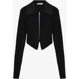 Gofre Dokulu Fermuarlı Crop Bluz Siyah