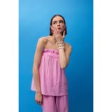 Gofre Kumaş Fırfırlı Straplez Bluz Pembe Pembe L