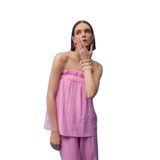 Gofre Kumaş Fırfırlı Straplez Bluz Pembe