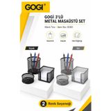 Gogi Mesh Trio Metal Ofis Seti 3'Lü Ataçlık , Kalemlik, Not Kâğıtlığı- Siyah Ve Gri Renk Seçenekli Ev Ofis Çalışma Masası Düzenleyici