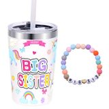 GOGOBAY Kızlar için Big Sister Hediyeleri - 340 ml Big Sister Kupası ve Pembe Kardeş Bileklik, Paslanmaz Çelik Kupa Vakum Yalıtımlı Sızdırmaz Kapaklı ve Pipetli Bardak, Yeni Bebeğin Büyük Kardeşlerine