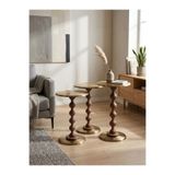 goji home decor 3'lü Ahşap Metal Sehpa Pirinç Kaplama 50-55-60 cm Naturel Ceviz Zigon Sehpa Modern Yan Sehpa Seti