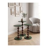 goji home decor 3’lü Ahşap Zigon Sehpa Seti Metal Tabla Yeşil 35 cm Çap 50-55-60 cm Naturel Ceviz Modern Dekoratif