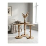 goji home decor 3'lü Ahşap Zigon Sehpa Seti Naturel Ceviz 50 55 60 cm Yuvarlak Yan Sehpa Modern Dekoratif Sehpa