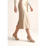 Gökhan Talay Melantha Esnek Yumuşak Kaymaz Taban (8 cm) Dore Metalik Taşlı Yaprak Detaylı Kadın Topuklu Terlik