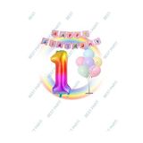 Gökkuşağı Folyo Balon Happy Bırthday Banner ve Balonlu Balon Standı 1 Yaş