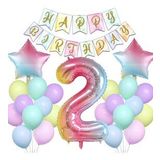 Gökkuşağı Konsepti 2 Yaş Doğum Günü Parti Kutlama Seti; Rakam ve Yıldız Folyo, Banner ve Makaron Balon