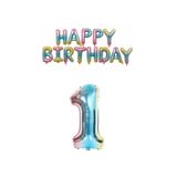 Gökkuşağı Renk Happy Bırthday ve Rakam Folyo Balon Seti Yaş 1