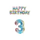 Gökkuşağı Renk Happy Bırthday ve Rakam Folyo Balon Seti Yaş 3