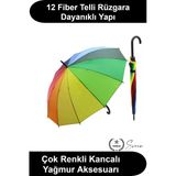 Gökkuşağı Şemsiye 12 Fiber Telli Siyah Baston Saplı Rengarenk Geniş Koruma Alanlı Su İtici Kumaş Rüzgara Dayanıklı Ergon