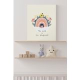 Gökkuşağı ve Çiçek Desenli Bebek Odası Kanvas Tablo – 30x40 cm | Rainbow Floral Temalı Duvar Dekoru