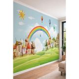 Gökkuşağı ve Sevimli Evler Temalı Çocuk Odası Tek Parça Tekstil Duvar Kağıdı, 200 x 100