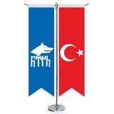 Göktürk Türk Kağanlığı Göktürkçe Bayrağı ve Türkiye -Kırlangıç - Saten T direk 2li Masa Bayrağı