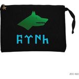 Göktürkçe Türk Kurtlu Mavi Yeşil Siyah Clutch Astarlı Cüzdan / El Çantası - 25x18cm