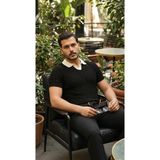 Gökyüzü Moda Erkek Desenli Kısa Kollu Triko Tişört - %100 Pamuk Akrilik - Siyah - XL