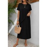 Gökyüzü Moda Kadın Kısa Kollu Bisiklet Yakalı Önden Asimetrik Kesim Detaylı Uzun Bürümcük Elbise - Siyah - 2XL - 3XL