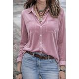 Gökyüzü Moda Kadın Uzun Kollu Yakalı Önden Düğmeli Cep Detaylı Kadife Gömlek - 2XL - 3XL - Pembe